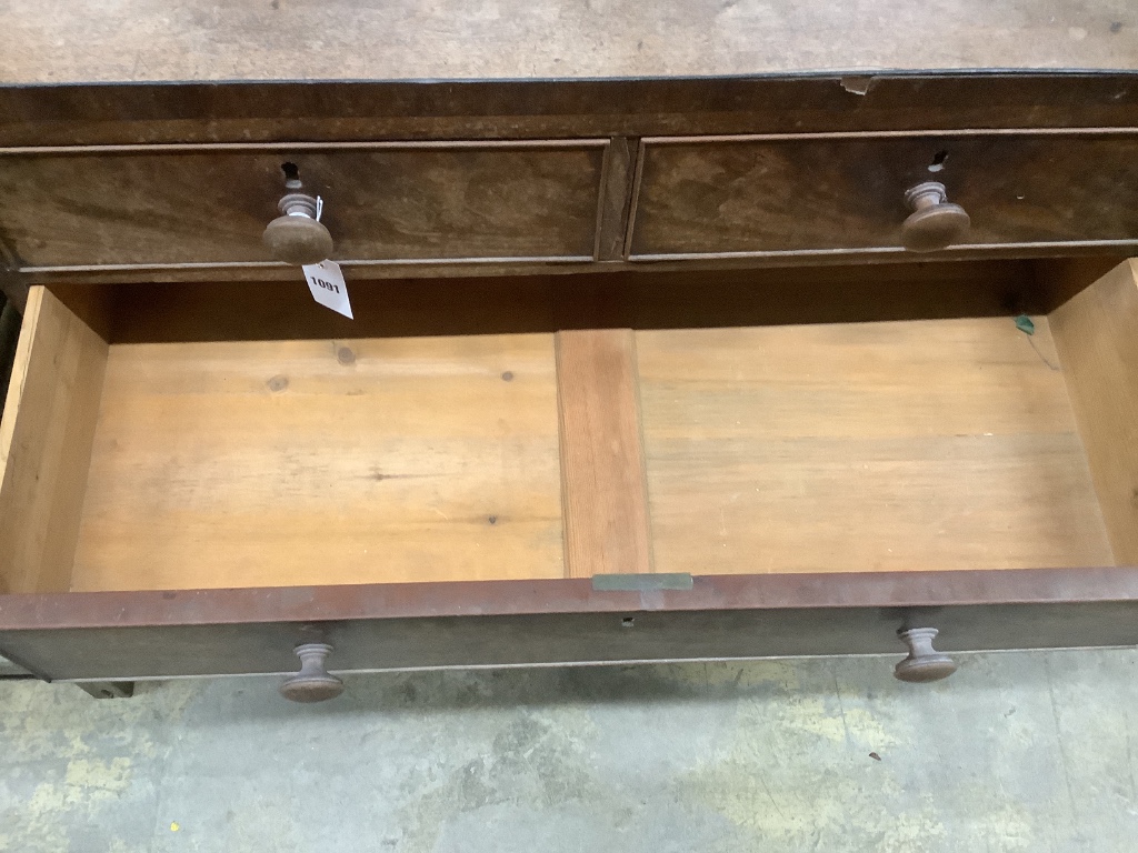 A Regency faded mahogany five drawer chest, af, width 92cm, depth 43cm, height 92cm